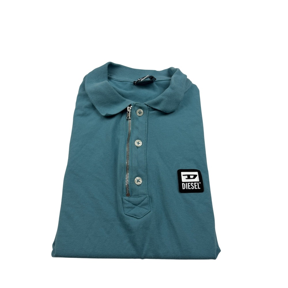 Diesel‎ Mens XXL Teal Blue Quarter Zip Button Pique Polo Shirt Logo Patch Casual